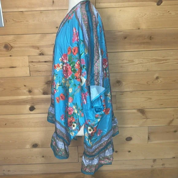 NWT Umgee boho turquoise silky floral kimono swim cover wrap poncho ruana XL 1X - Picture 6 of 16